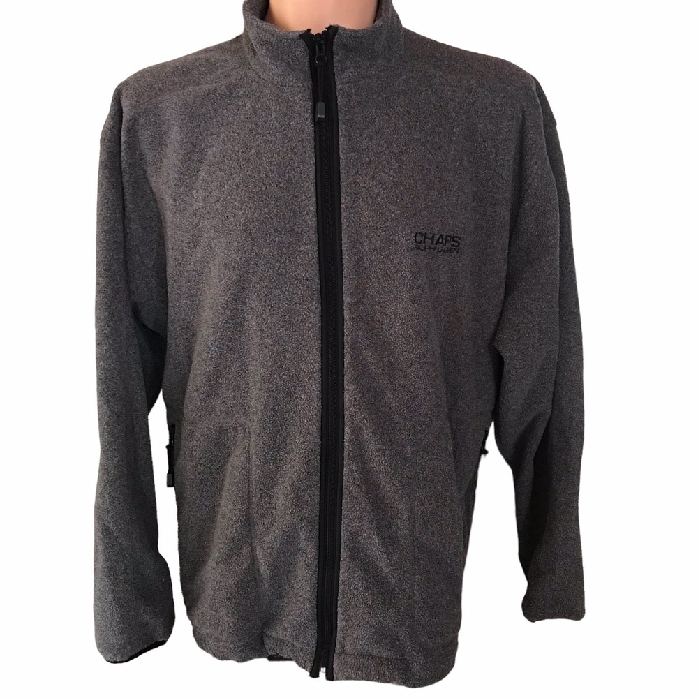 Chaps Fleece Jacket Mens XL Gray Ralph Lauren Full Zip Mock Neck Logo Pockets